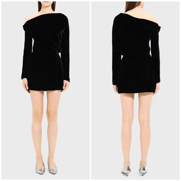 New Theory Asymmetrical Mini Dress in Stretch Velvet Black Off Shoulder Drape 8 - Picture 1 of 12